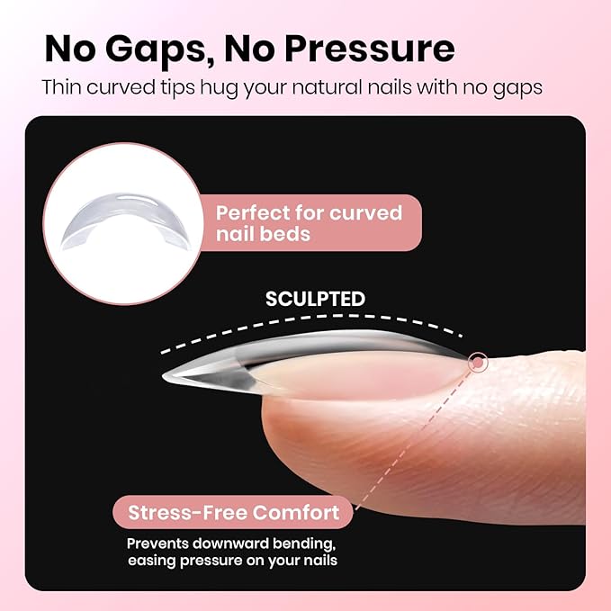 Beetles Gel Nail Tips Curve-EX Almond Short, 160pcs 16 Sizes, Etch-X Half Matte Full Cover Soft Acrylic False Clear Press on Nail Tips Easy DIY Nail Extension Art Salon for Curved & Natural Nail Beds