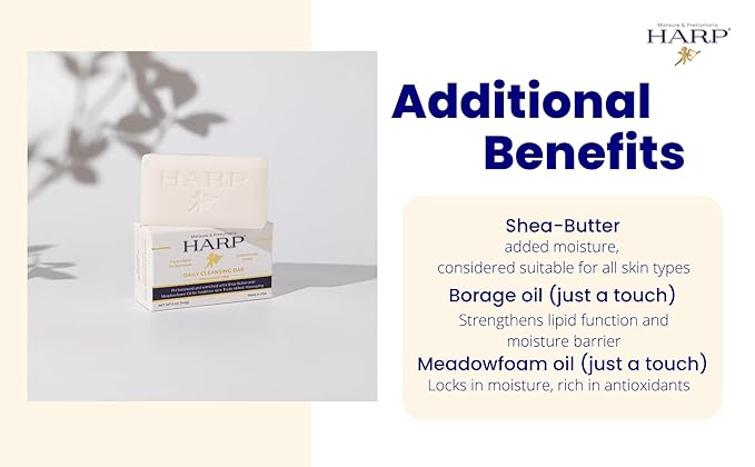 HARP® FRAGRANCE FREE Body Wash Bar – pH Balanced (5.0–6.0) Syndet Cleanser, No Lye, Non-Comedogenic, Gentle for Sensitive & Dry Skin, With Shea Butter & Borage Oil. 5oz Bars