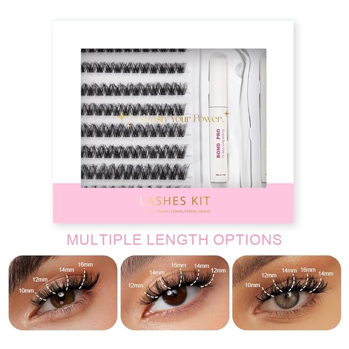Lash Extension Kit DIY Lash Clusters 10-16mm 96pcs Individual Lashes Clusters Soft Thin Band Natural Volume Eyelash Extension with Lash Bond and Remover, Lash Tweezers for Self Use 26#
