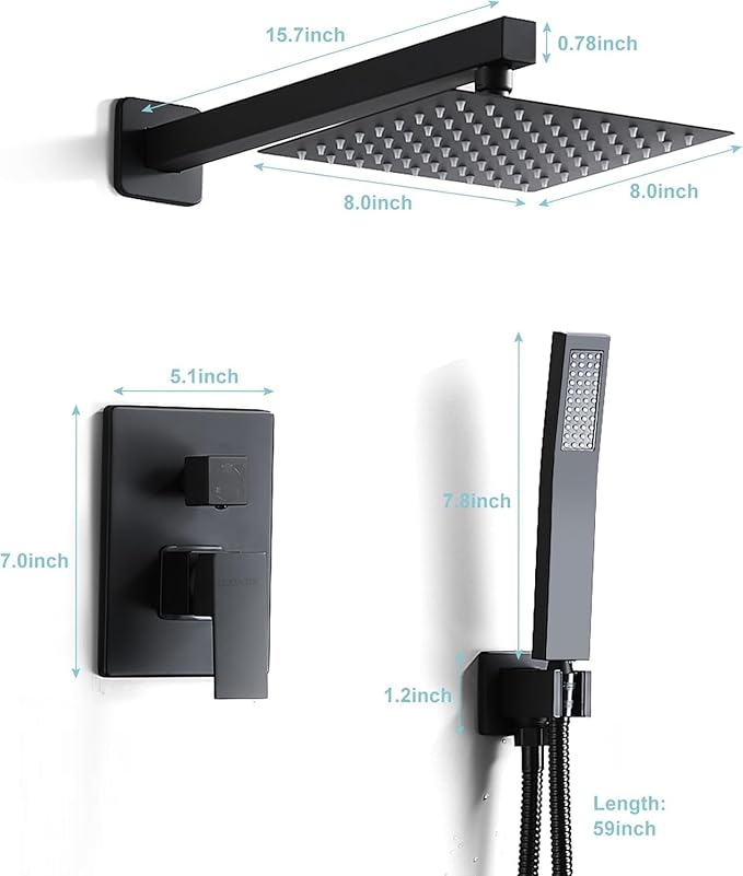 RTTWYYUU Matte Black Shower Head and Handle Set 8 Inch, Rain Shower Head with 2 Hooks, Luxury Rain Shower Set Square Wall Mount for Bathroom with Rain Shower and Handheld Shower System