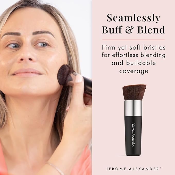 Jerome Alexander Angled Kabuki Foundation Brush (Black) - Flat Top Buffer Brush for Seamless Blending of Liquid, Cream & Powder Makeup - Buildable Coverage Without Caking - Pro Vegan Bristles