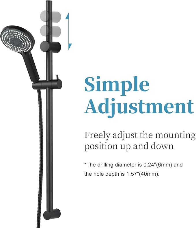 OFFO 6-Spray High Pressure Handheld Shower Head Combo with Adjustable 33 in Slide Bar and 60 in Stainless Steel Hose, Matte Black