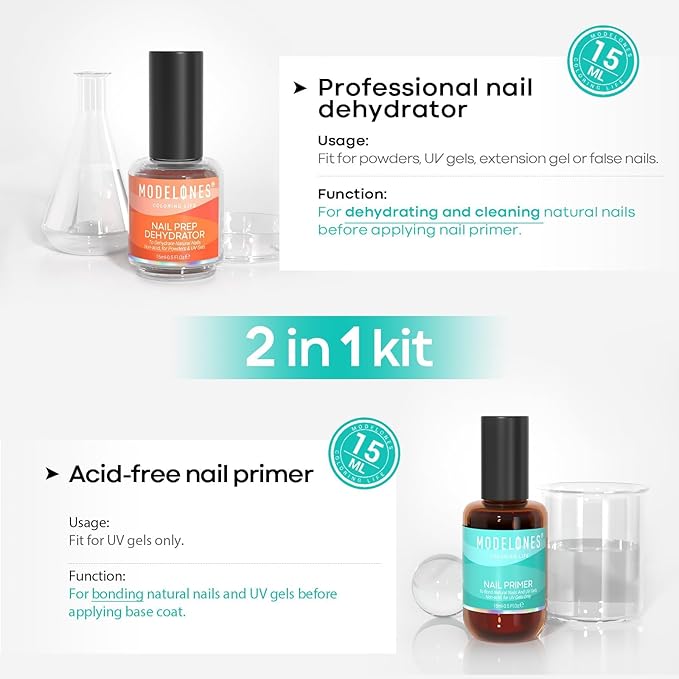 modelones 15 ml Nail Dehydrator and Primer, Acid Free Base Coat Natural Prep Dehydrate & Bond Primer Kit, Hema-Free Acrylic Nail Supplies