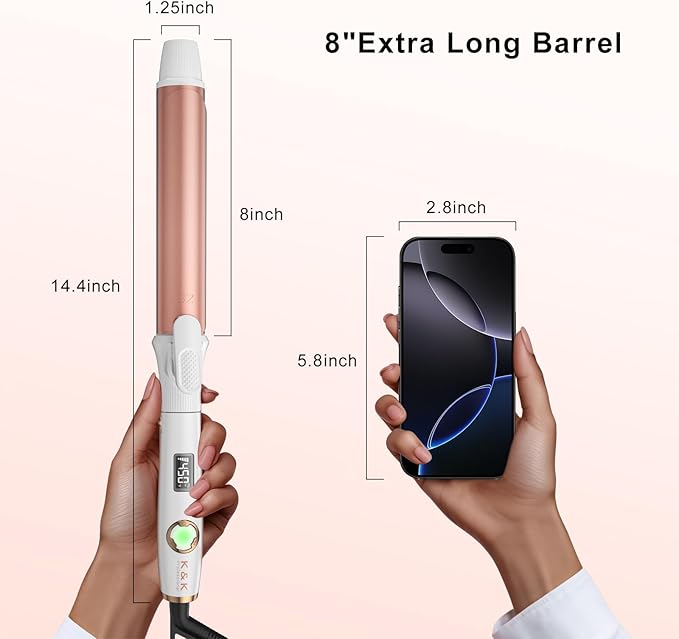 K&K Long Barrel Styler, 1 1/4 Inch Curling Iron with Clipped, Professional Ceramic Coating Hair Curler Wand, Dual MCH Heater up to 450F, Worldwide Voltage Curling Tongs for Traveling