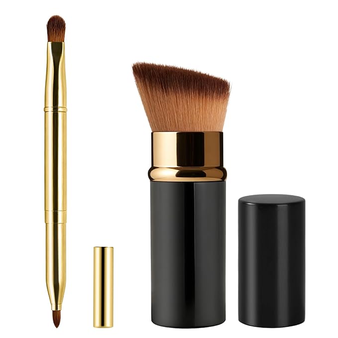 Lip Brush Kabuki Makeup Brush Set, Dual-ended Lip Brushes for Lipstick + All-in-One Foundation Kabuki Brush, Retractable Makeup Brush with Cover for Lip Gloss, Powder Blush, Flawless Cosmetics(Gold)