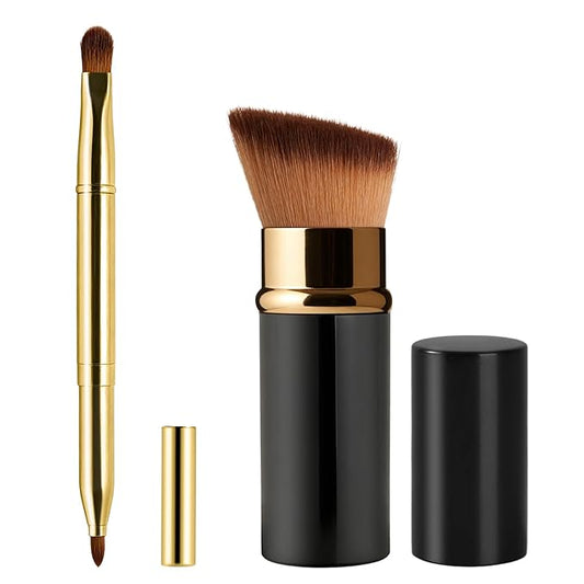 Lip Brush Kabuki Makeup Brush Set, Dual-ended Lip Brushes for Lipstick + All-in-One Foundation Kabuki Brush, Retractable Makeup Brush with Cover for Lip Gloss, Powder Blush, Flawless Cosmetics(Gold)