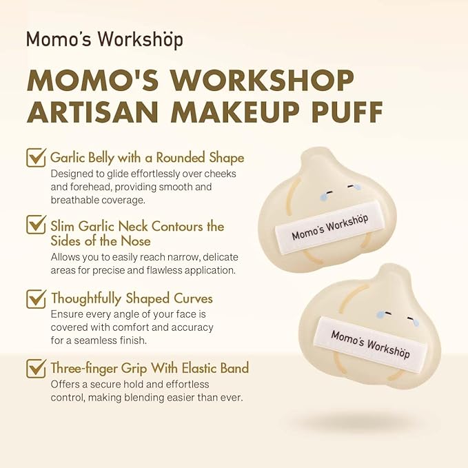 Momo's Workshop Crying Garlic Makeup Sponge 2-Pack, Hydrophilic PU for Sheer Finish, Dry&Wet Use,Pointed Tip for Concealer & Flat Side for Foundation, Flawless Sheer Finish with Travel Case
