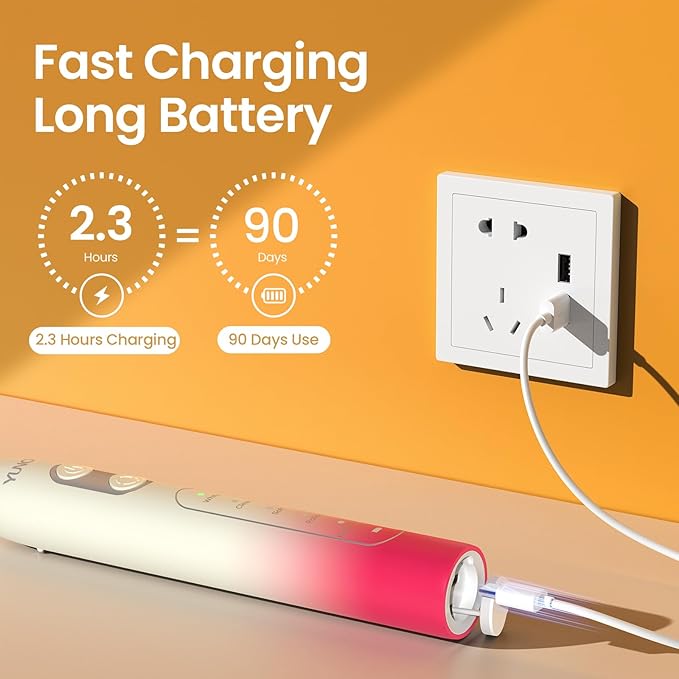 YUNCHI Electric Toothbrush Birthday/Valentine Plastic 8 Heads 24-Mo Deep Cleans Gentle Gums Removes Stains 3Hr USB-C 90d 2-Min Timer/30s IPX7 - Yellow Red