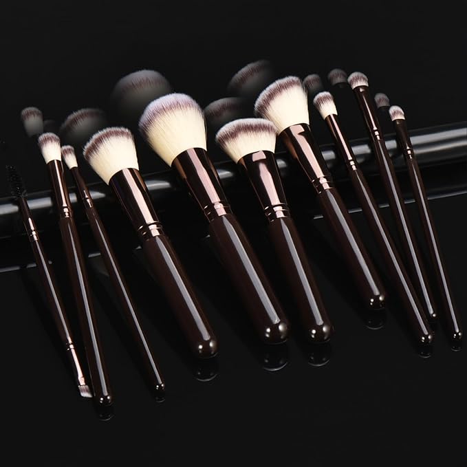 YJ-Anyue 10 Piece Black brown Makeup Brushes and 10 Piece Makeup Sponge – Wooden Handle,with Soft Synthetic Bristles,|Professional Makeup Brushes set for Women & Girls|