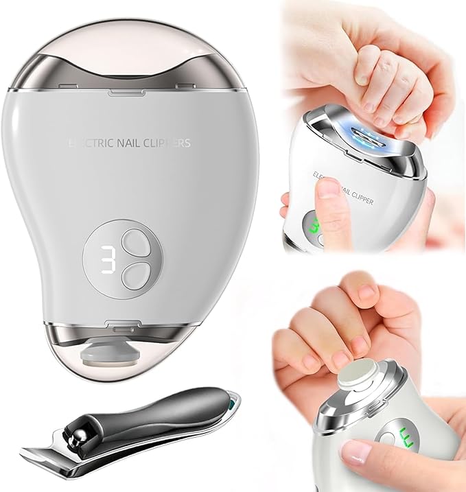 Electric Nail Clipper, 4-in-1 Rechargeable Automatic Nail Clipper Set with 3 Speed Gears/Nail File/Polishing/Trimmer/LED Light, Safe Smart Nail Clippers for for Baby, Kids, Adult and Seniors, White