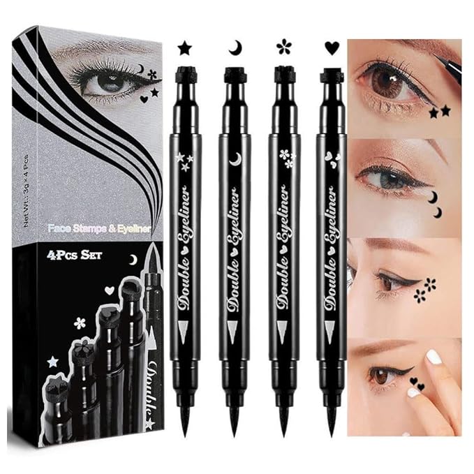 4Pcs Dual-Ended Black Liquid Eyeliners Pack with Face Stamps – Star Moon Flower Heart Stamps for Cosplay & Gothic Makeup,Fine Tip, Smudge-resistant – Beginner-Friendly (4Pcs-Black-set01)