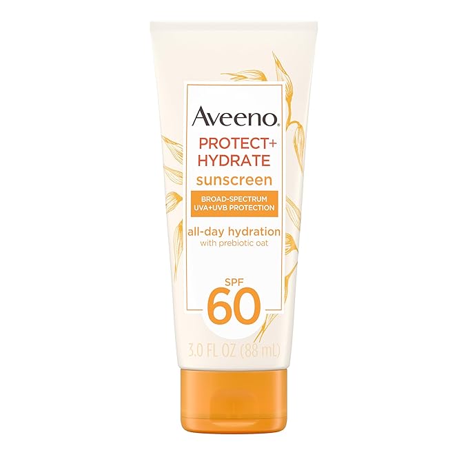Aveeno Protect + Hydrate Moisturizing Body Sunscreen Lotion with Broad Spectrum SPF 60 & Prebiotic Oat, Weightless & Refreshing Feel, Paraben-Free, Oil-Free, Oxybenzone-Free, 3.0 fl. oz | Refreshing Feel, Prebiotic Oat, Body, Moisturizing, Weightless