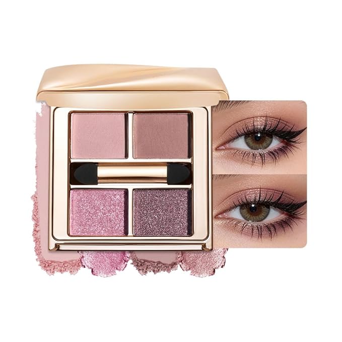 Cool Pink Mauve Eyeshadow Palette – 4 Matte&Glitter Shades for Icy Rose Glow, Romantic Soft Glam&Daily Eye Makeup, High-Pigment Long-Lasting Blendable Shadows that Enhance Brown, Hazel & Green Eyes