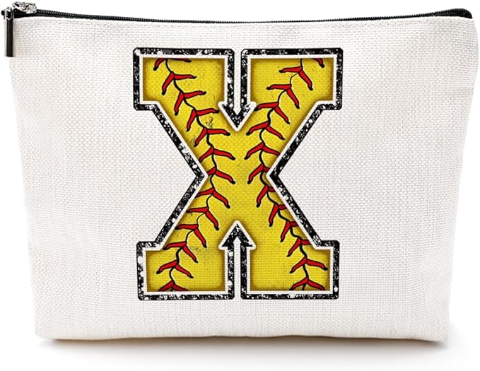 CQM Softball Gifts Initial Makeup Bag Monogrammed Cosmetic Bag Letter X Zipper Pouch Softball Accessories for Girls Women Player Coaches Friend Graduation Birthday Gifts