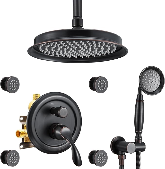 DASAN Antique Shower Faucet Sets Complete Rain Shower System in Wall with Body Shower Spray Jets, Oil Rubbed Bronze Shower Fixtures with Rainfall Overhead Shower, Handheld, Valve &Trim, AT249C-ORB