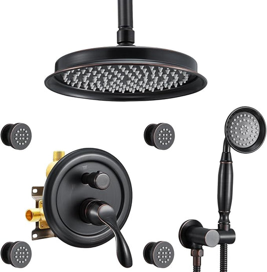 DASAN Antique Shower Faucet Sets Complete Rain Shower System in Wall with Body Shower Spray Jets, Oil Rubbed Bronze Shower Fixtures with Rainfall Overhead Shower, Handheld, Valve &Trim, AT249C-ORB