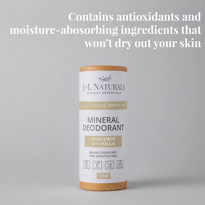 J&L Naturals Mineral Deodorant | Baking Soda-Free, 100% Natural, Sustainable | Sensitive Deodorant For Women & Men | Aluminum Free, Vegan, Cruelty-Free (Bergamot & Vanilla, 3 Oz (Pack of 1))