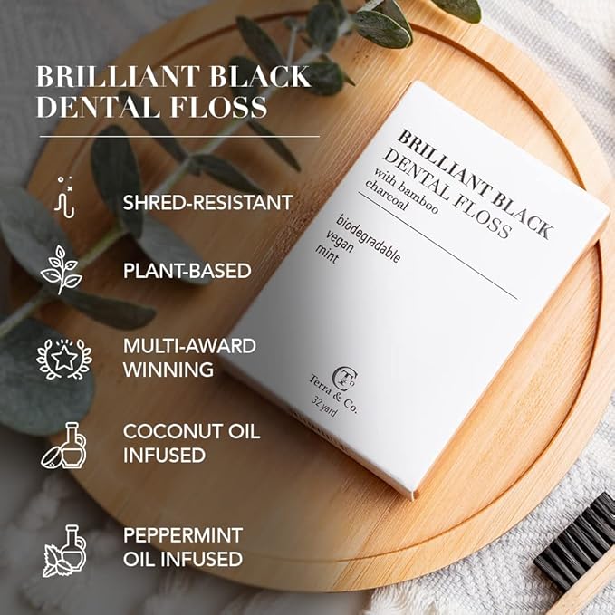 Terra & Co., Brilliant Black Dental Floss (3 Pack) | Organic Teeth Whitening Products | All Natural, with Activated Bamboo Charcoal | Vegan & Cruelty Free | Luxury Dental Care