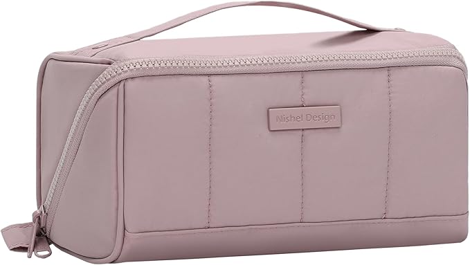 NISHEL Travel Makeup Bag for Women, Fluffy & Lightweight Open Flat Cosmetic Organizer with Multiple Functional Divider for Brush Independent Storage, Handle for Easy Portability, Peach-Pink
