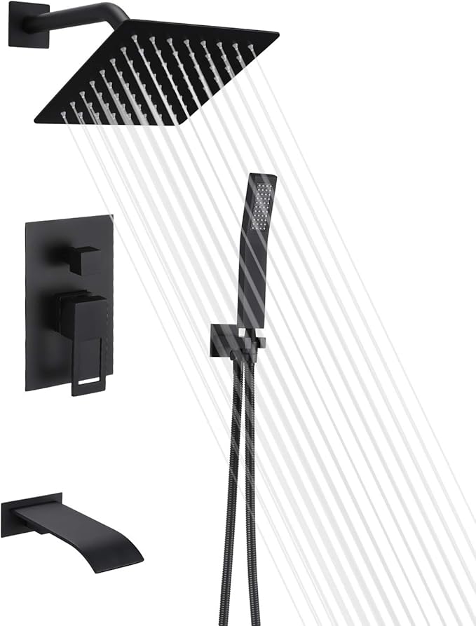 sumerain Matte Black Shower Faucet Set with Waterfall Tub Spout and Handheld Shower Head, Anti-scalding Pressure Balance Valve