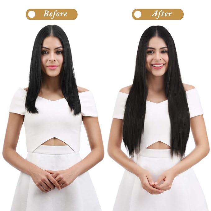 REECHO 24" Straight Clips in hair extensions Clips on HE008 Hairpieces Synthetic Hair Extensions for Women 5 Clips per Piece - Black Brown