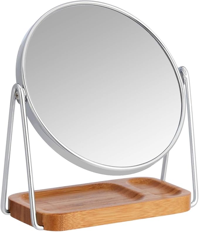 Amazon Basics Vanity Round Tabletop Mount Mirror with Squared Bamboo Tray Magnification, Chrome, 7.2"L x 3.35"W