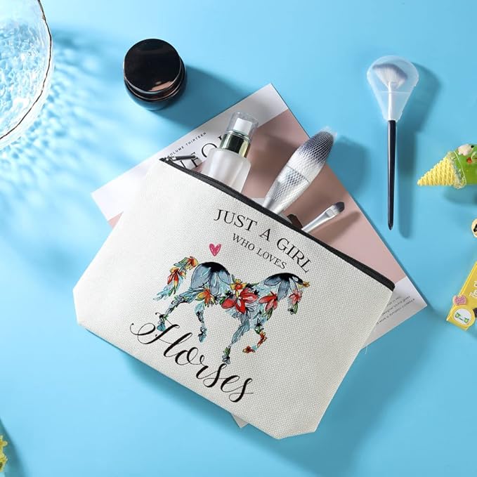 Horses Gifts Girls Horse Cosmetic Bag and 5 Piece Stickers Just a Horses-loving Girl Cowgirl Equestrian Travel Bag Cosmetic Bag Gifts Horse Cosmetic Bag Horseshoe Horse Gifts for Girls
