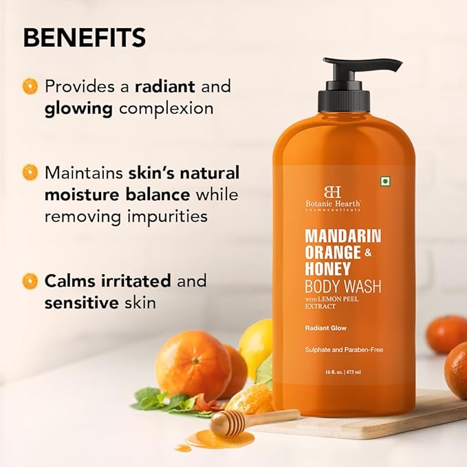 Botanic Hearth Mandarin Orange & Honey Body Wash – Refreshing Shower Gel with Lemon Peel Extract, Brightening & Hydrating Formula, Sulfate & Paraben Free – 16 fl oz