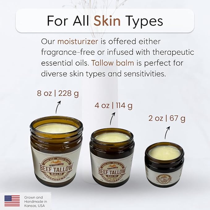 Grass Fed Beef Tallow Balm - 4 oz - Made in USA - Organic Grass Fed and Finished Tallow - Moisturizing Skin Care Lavender