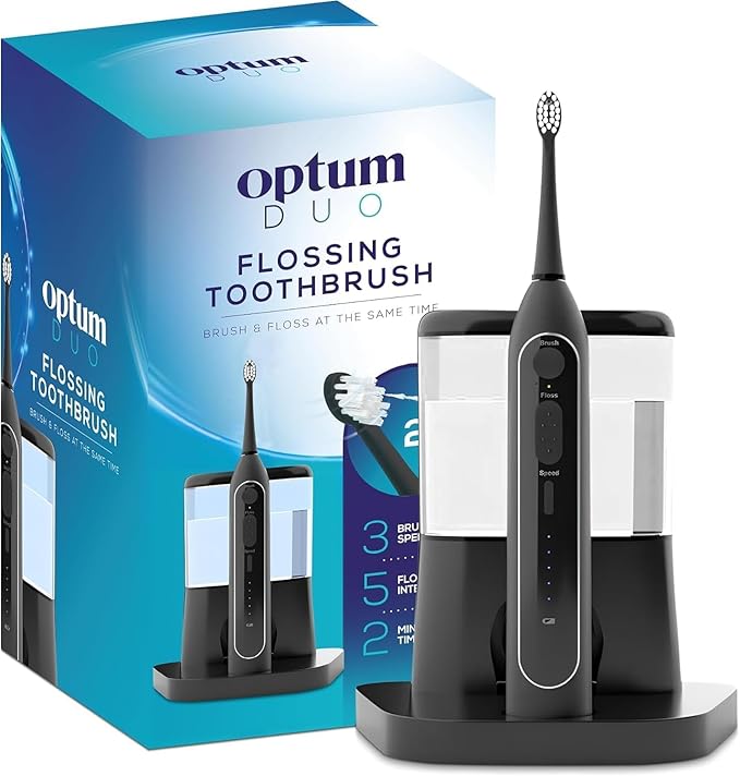 Optum Duo Flossing Toothbrush Rechargeable Electric Toothbrush with Water Flosser - Portable Water Pick Toothbrush Combo Cordless Sonic Electric Toothbrush and Water Flosser - Black