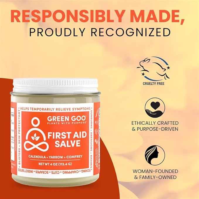 Green Goo First Aid Salve, All-Natural Cream for Healing Cuts, Scrapes, Blisters, Chafing, Sunburns & More, 4 Oz