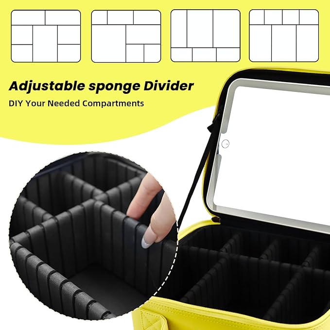 SUILU Travel Makeup Bag with LED Mirror and Light Travel Makeup Case Cosmetic Organizer Portable Cosmetic Brush Organizer Bag with Adjustable Dividers for Cosmetics Makeup Brushes Toiletry (Yellow)