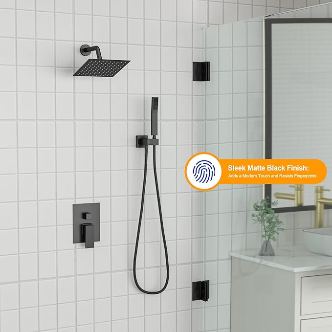 Dcolora Rainfall Shower System with Handheld, Matte Black Shower Faucet Set for Bathroom, Brass Valve, 304 Stainless Steel, Anti-Scald cUPC Certified (Matte Black, 8 Inch)