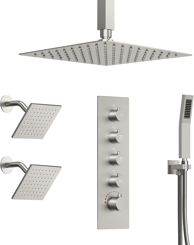EVERSTEIN Thermostatic Shower system, 16, 6 in. Bathroom Shower Set Wall Mount Dual Shower Head Faucet in Brushed Nickel