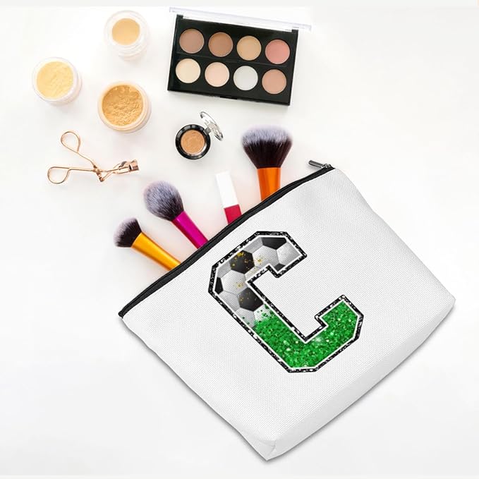CQM Soccer Gifts Initial Makeup Bag Monogrammed Cosmetic Bag Letter C Zipper Pouch Soccer Accessories for Girls Women Player Coaches Friend Graduation Birthday Gifts