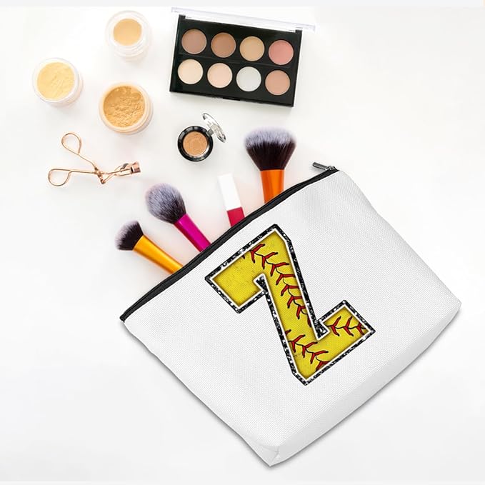 CQM Softball Gifts Initial Makeup Bag Monogrammed Cosmetic Bag Letter Z Zipper Pouch Softball Accessories for Girls Women Player Coaches Friend Graduation Birthday Gifts