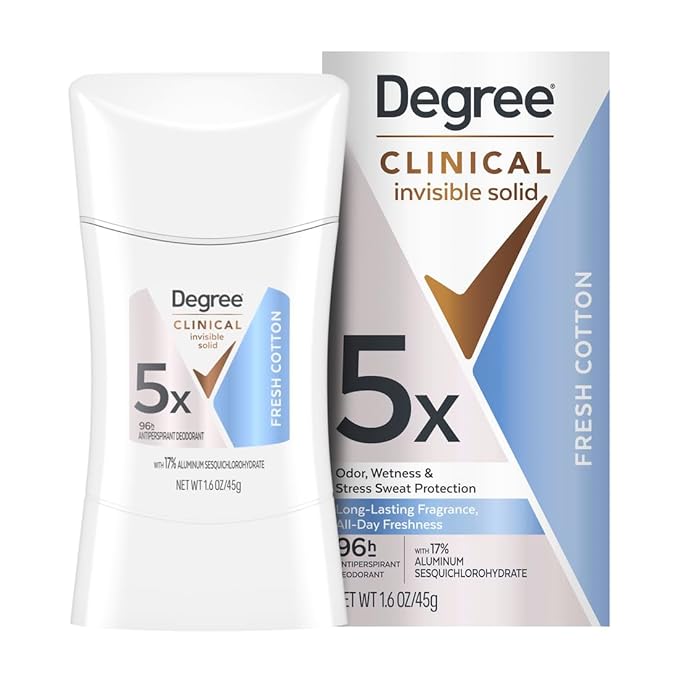 Degree Clinical Strength Antiperspirant Deodorant 96-Hour Sweat and Odor Protection Fresh Cotton Invisible Solid 5x Types of Sweat 1.6 oz