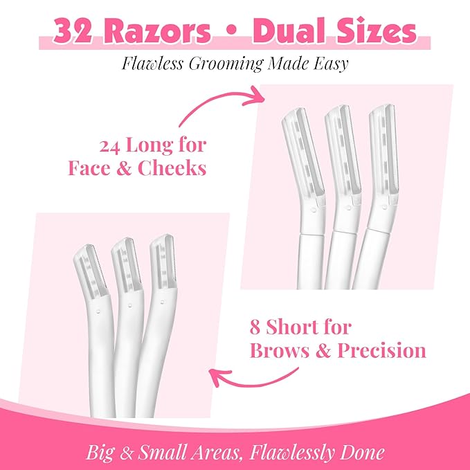 32 Count Face Razors for Women – Dermaplane Razors & Eyebrow Razor Set, 24 Long + 8 Short Precision Blades, Facial Razor for Peach Fuzz, Hair Removal & Gentle Exfoliation (Clear)