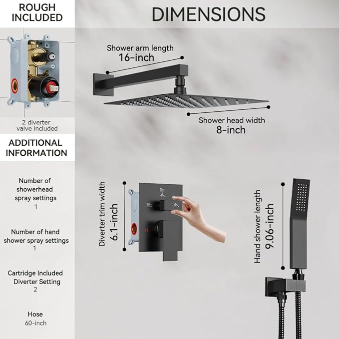 Shower Faucet Set Matte Black Shower System, Starbath 8" Rain Shower Head and Handheld Spray Shower Set Complete Wall Mounted,2 Way Pressure Balance Shower Valve and Trim Kit Included
