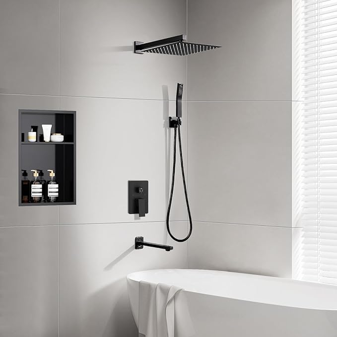 POPFLY Luxury 12 Inch Rainfall Shower System, 3-Function Matte Black High Pressure Shower Faucet Set with Handheld Spray & Bathtub Spout, Wall Mounted Shower Kit for Modern Bathroom