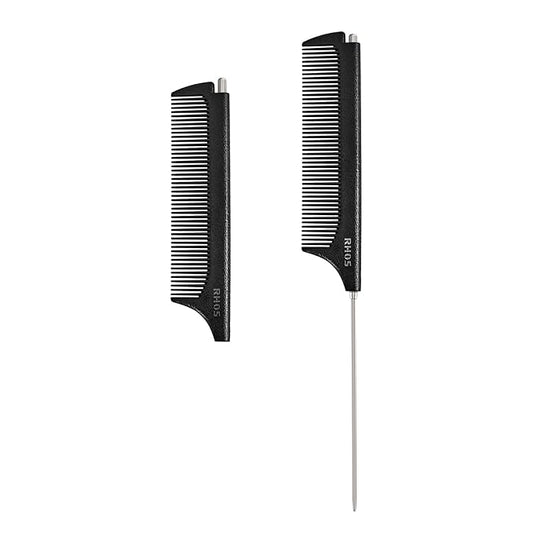 RHOS Carbon Retractable Rat Tail Comb for Parting and Styling, Hair Cutting and Braiding - Stainless Steel Pin Tail Comb, Black