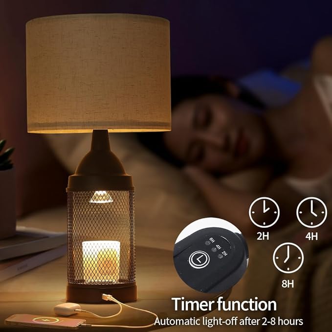Candle Warmer Lamp for Bedroom,24H Cycle Timer, Dimmable, Dual Charging Port, Wax Melt Warmer with 2 Bulbs,Country Lamps for Bedroom Nightstand with USB&Type-C Ports, Gifts Christmas Birthday (2)