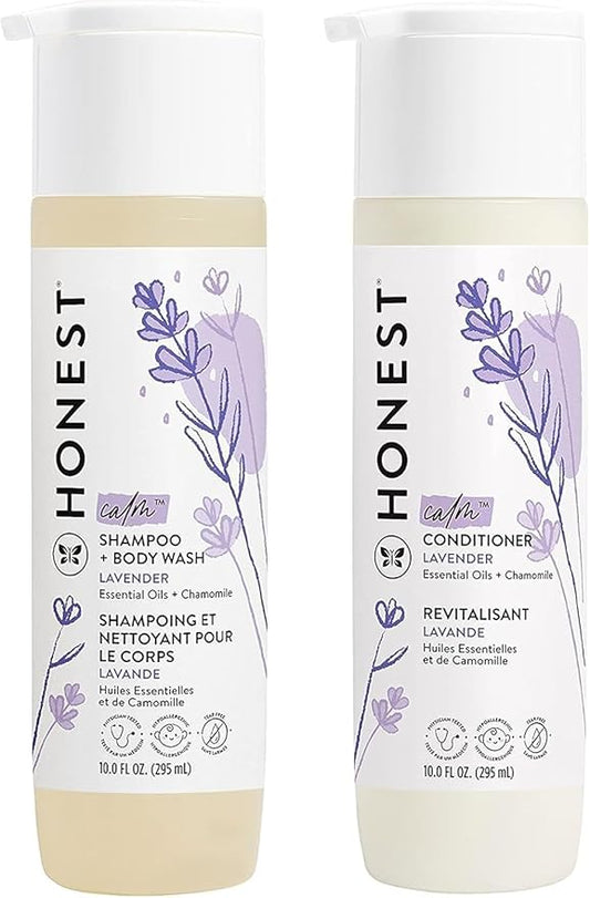 The Honest Company Silicone-Free Conditioner & 2-in-1 Cleansing Shampoo Body Wash Duo Gentle for Baby, Naturally Derived, Lavender Calm, 20 fl oz