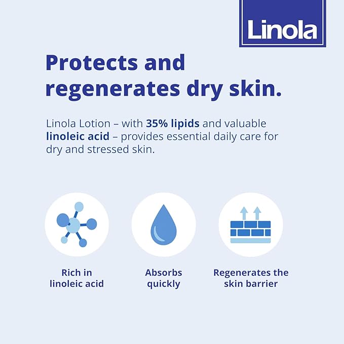 Linola Lotion - Body Lotion with Essential Linoleic Acids - for the Daily Care of Dry & Stressed Skin - Protects & Regenerates Dry Skin - Made in Germany - Vegan - 200 ml (6.8 Fl Oz)
