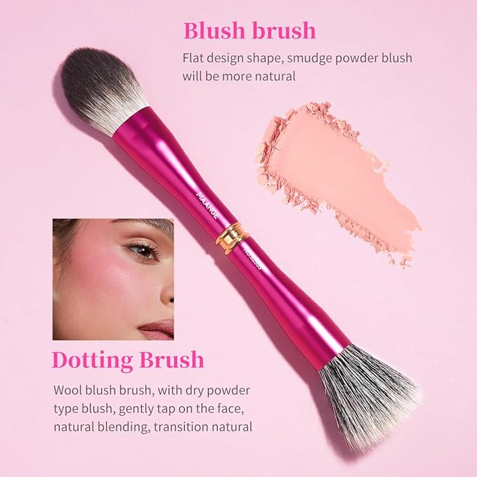 MAANGE Makeup Brushes 12 Pcs Double-ended Kabuki Brush Travel Makeup Brushes for Foundation Powder Concealers Eye Shadows Makeup Tools Set with LED light Mirror (Pink)