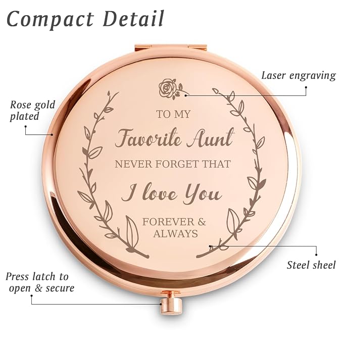 Personalized Gifts for Aunt, Sentimental Aunt Gifts for Birthday, Valentines Day, Custom Engraved Compact Mirror, Goodie Bag & Basket Stuffers for Auntie