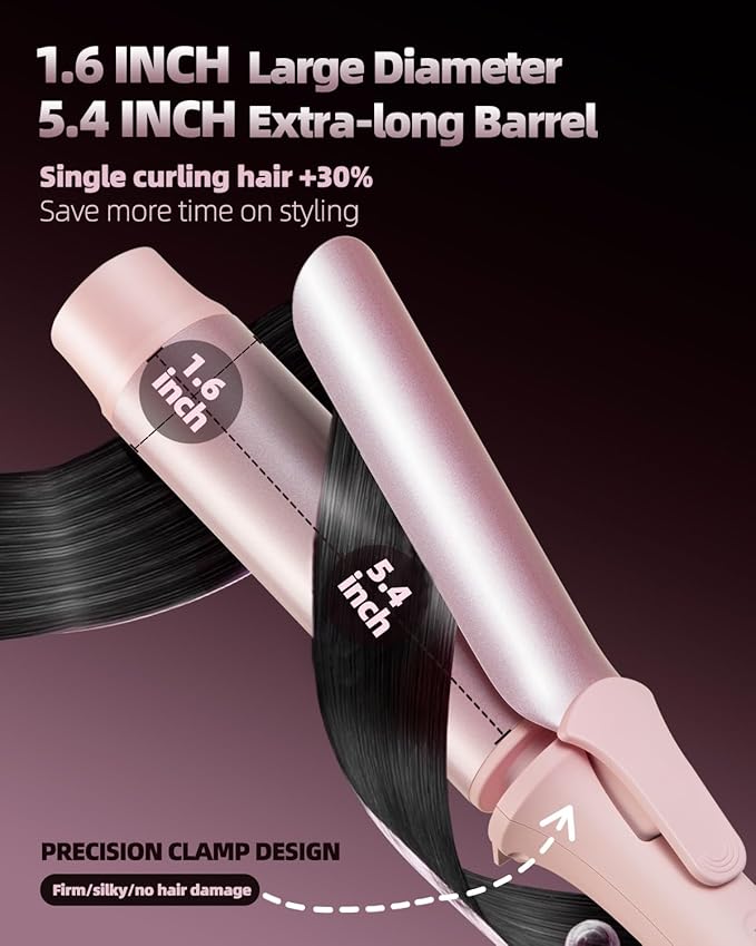 Large Hair Curling Wand, 1.6 Inch Big Barrel Curling Iron, 43 Million Ionic Ceramic Curler with 3 Temp, Auto Shut-Off, Long Barrel Curling Wand for Long Hair, Dual Voltage, Pink