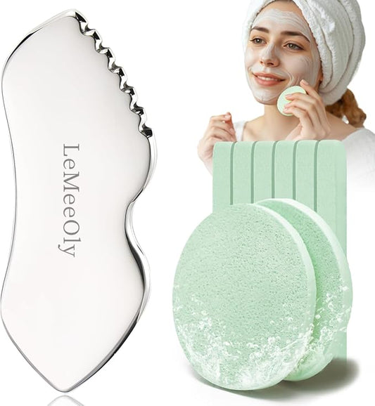 Gua Sha Facial Tools Stainless Steel & Compressed Facial Sponges, Detail Metal GuaSha and Natural Spa Sponges for Facial Cleansing Skin Care，Guasha Stone Face Sculpting Tool