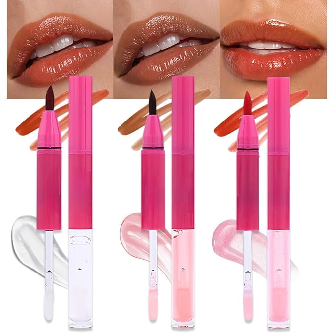 evpct ‌3Pcs Matte Liquid Lipstick Marker Pen Lip Liner Combo Set with Lip Oil, Nude Maple Caramel Red 2 in 1 Lipgloss Tint Lipstick Long Lasting Waterproof for Women, Longwear Lips Stain 24 hours