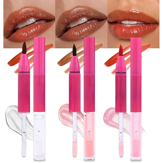 evpct ‌3Pcs Matte Liquid Lipstick Marker Pen Lip Liner Combo Set with Lip Oil, Nude Maple Caramel Red 2 in 1 Lipgloss Tint Lipstick Long Lasting Waterproof for Women, Longwear Lips Stain 24 hours
